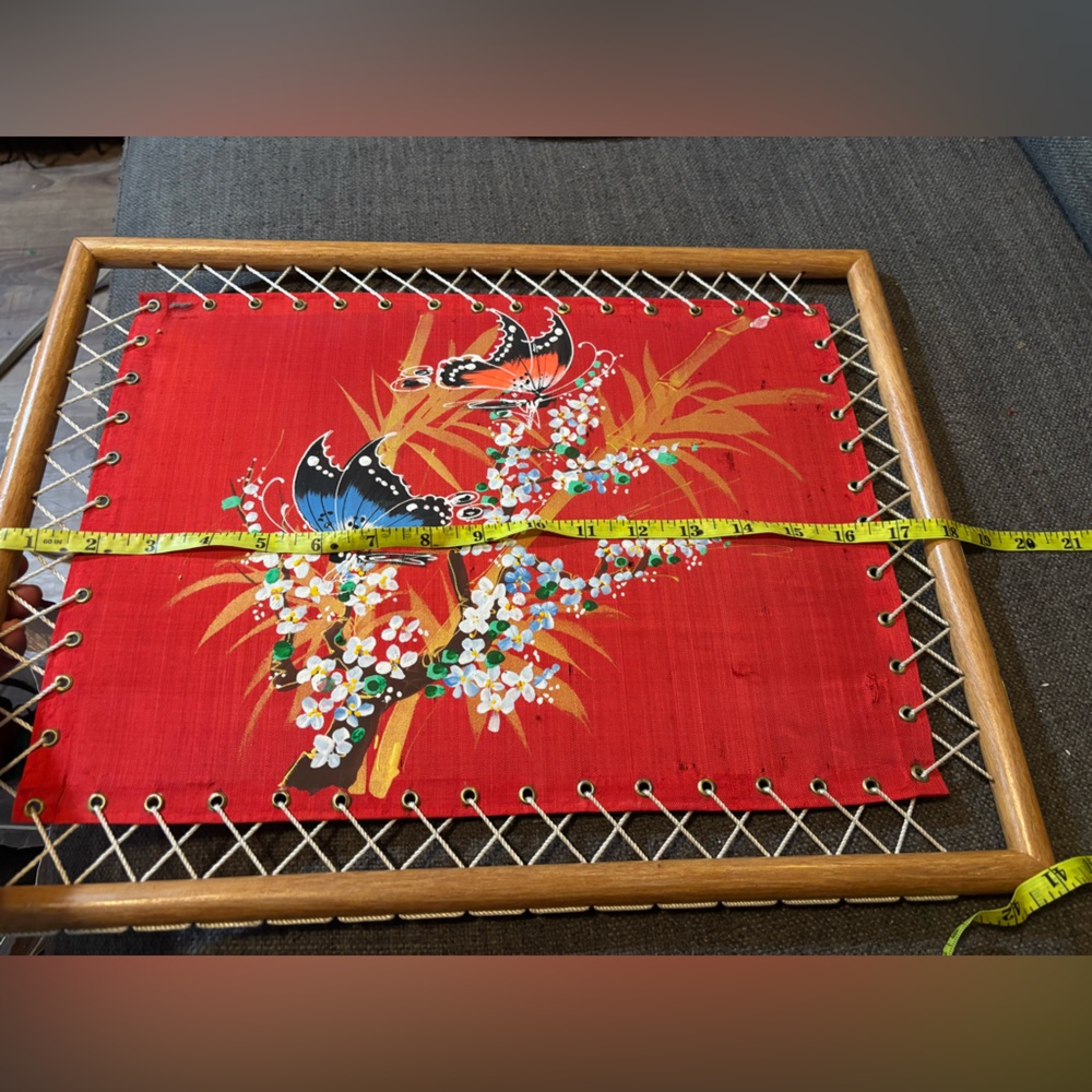 Vintage Hand-Painted Asian Silk Butterfly Artwork in Bamboo Laced Frame | 18x13 - Picture 11 of 16